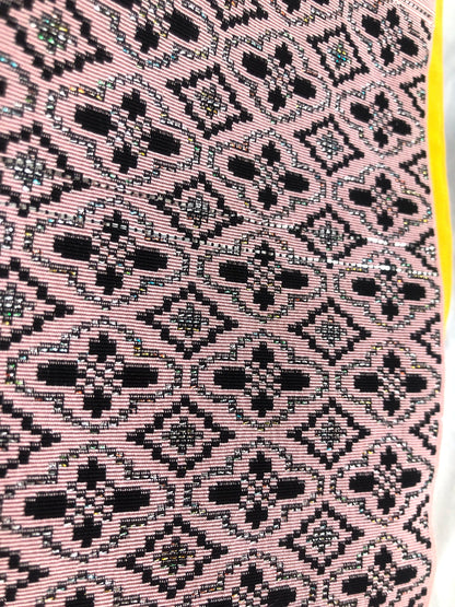 Vintage reversible Japanese hanhaba obi - light pink and yellow with black and metallic geometric pattern