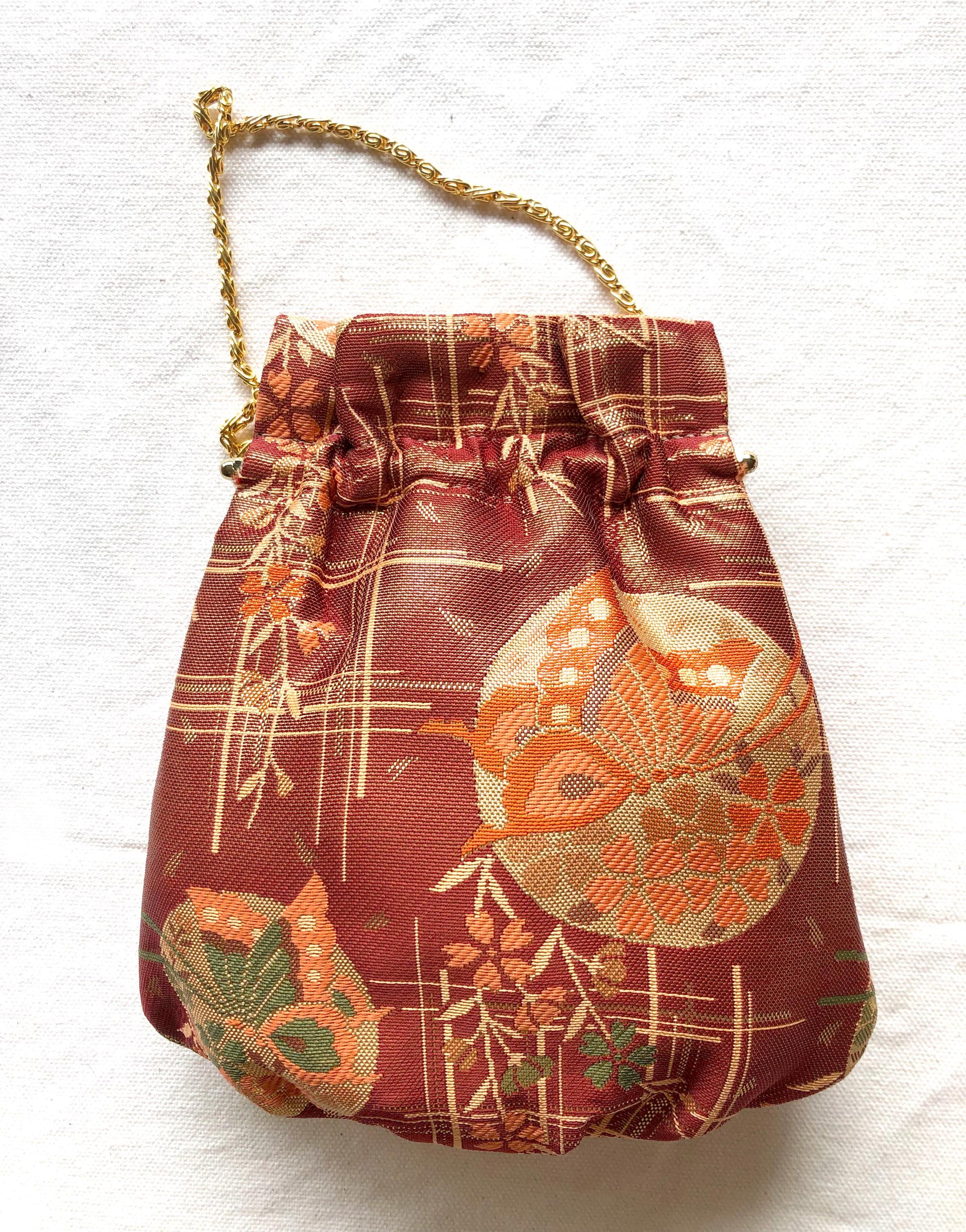 Vintage kimono handbag - copper and gold clasp pouch with butterfly motif