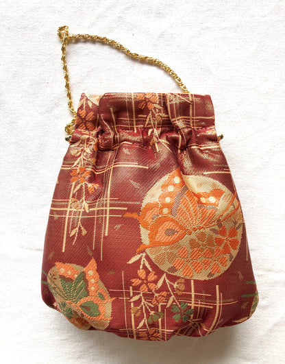 Vintage kimono handbag - copper and gold clasp pouch with butterfly motif