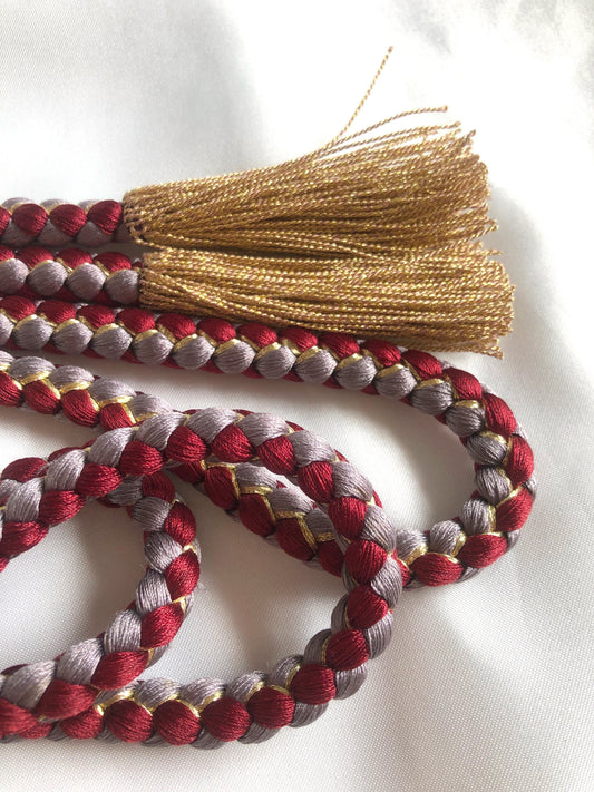 Elegant silk obijime - thin belt with tassels - wine red and purple with golden accents