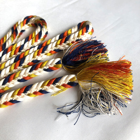 Vibrant silk obijime - thin belt with tassels - white, orange, navy, and yellow fishtail