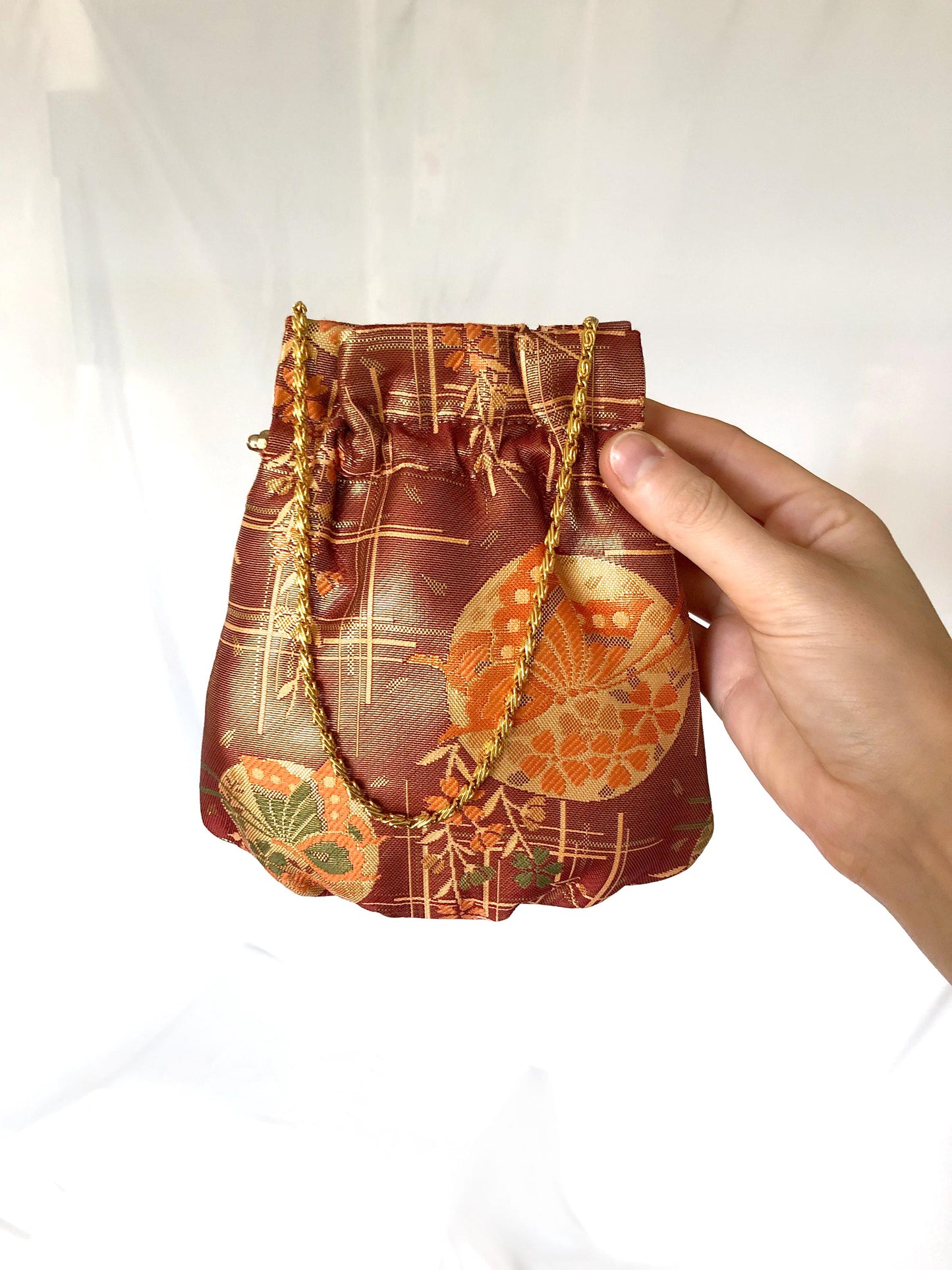 Vintage kimono handbag - copper and gold clasp pouch with butterfly motif