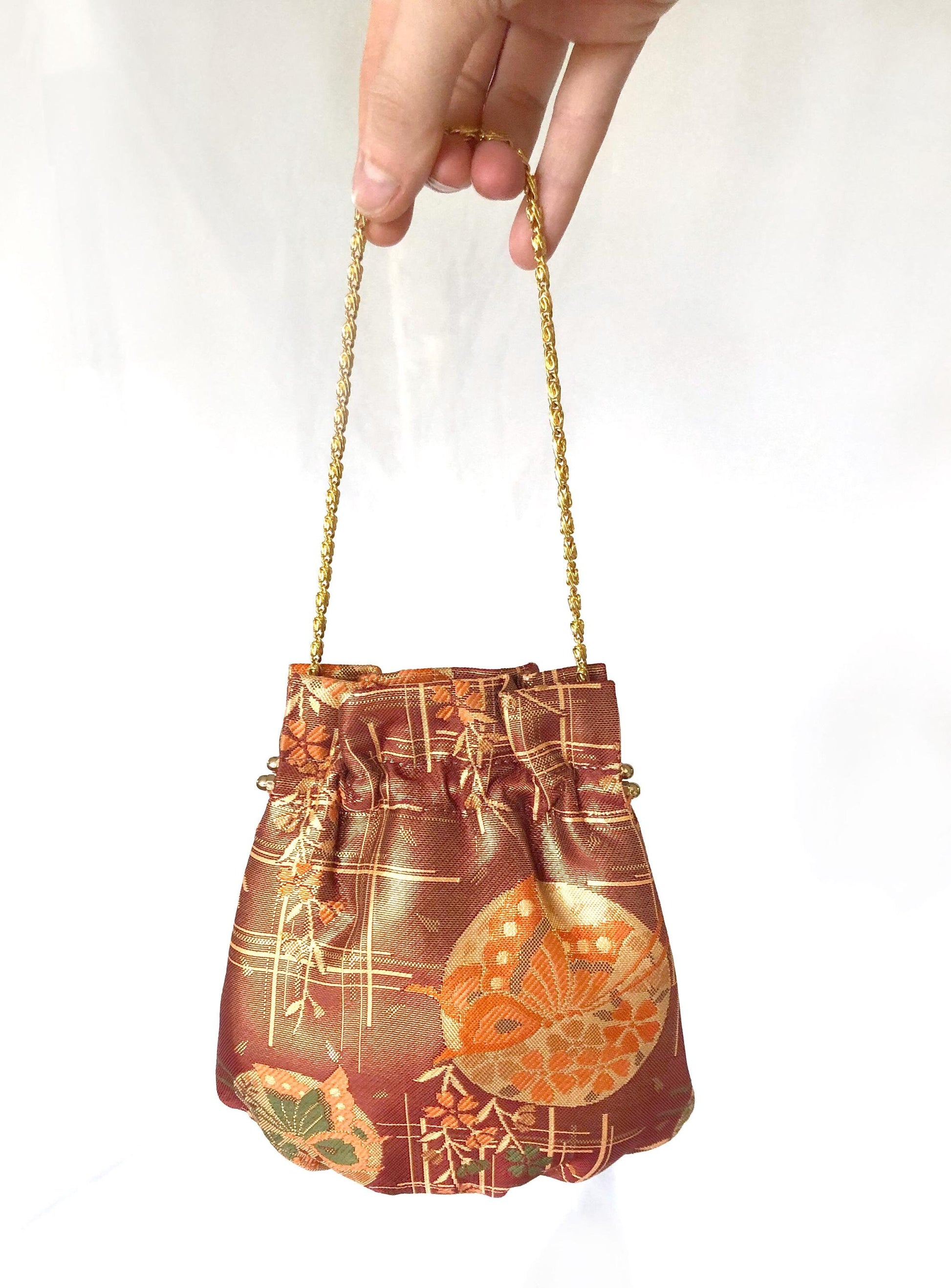 Vintage kimono handbag - copper and gold clasp pouch with butterfly motif