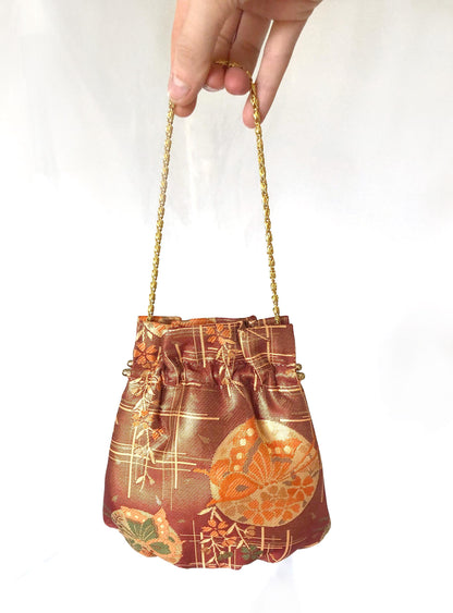 Vintage kimono handbag - copper and gold clasp pouch with butterfly motif