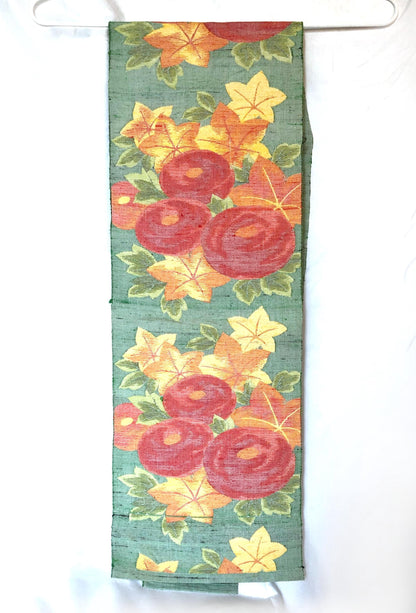 Refined Nagoya obi - textured red dahlias and clone leaves