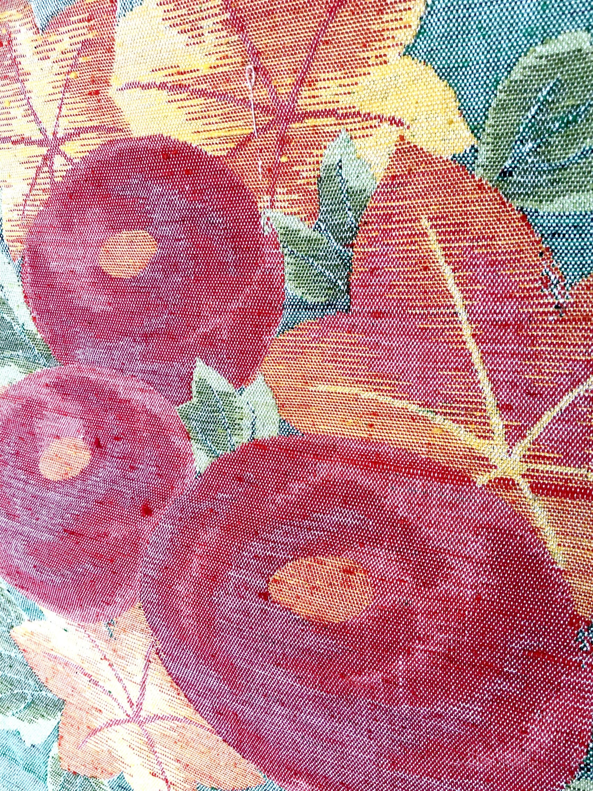 Refined Nagoya obi - textured red dahlias and clone leaves