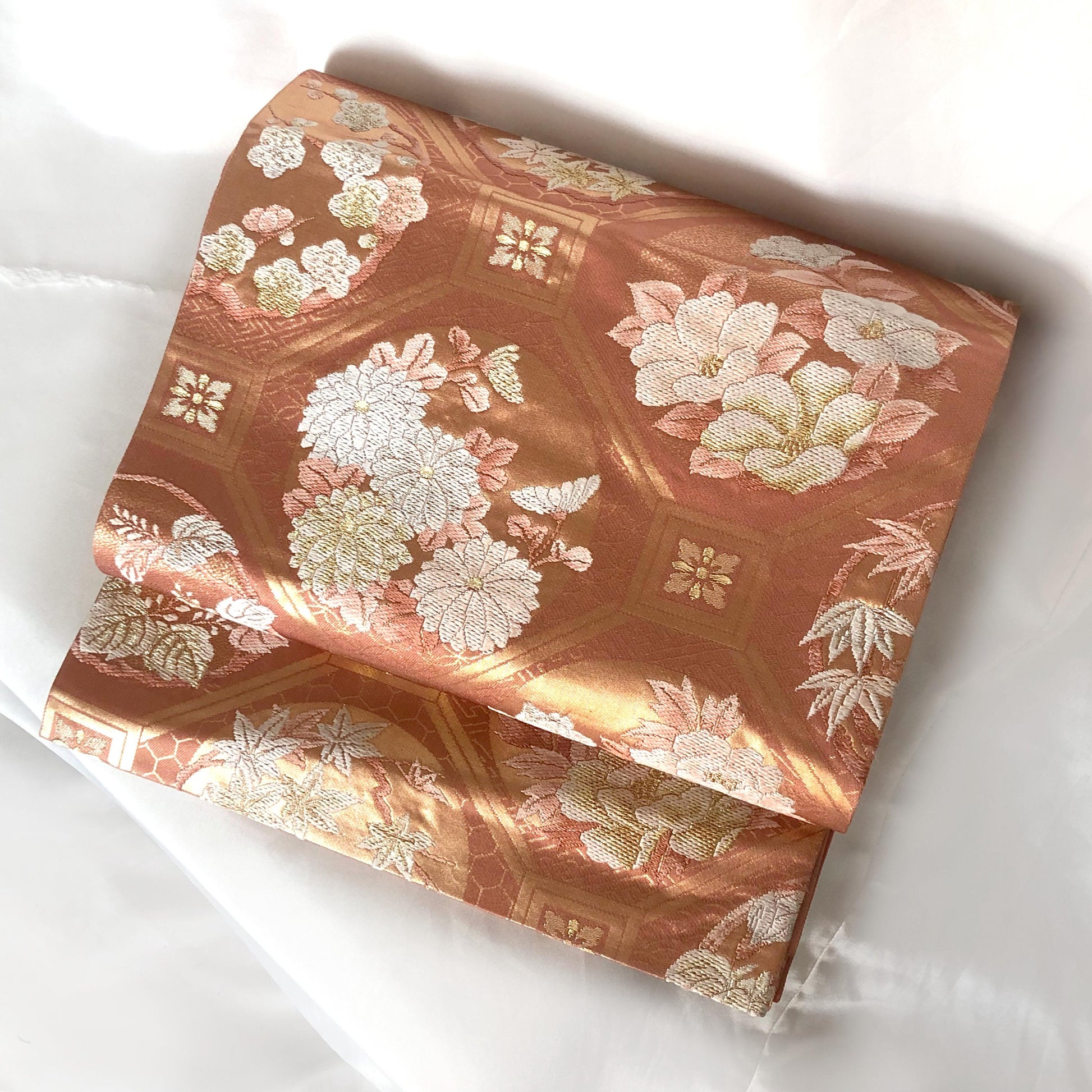 Vintage fukuro obi - salmon pink and golden with flowers of all seasons