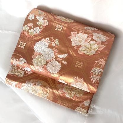 Vintage fukuro obi - salmon pink and golden with flowers of all seasons