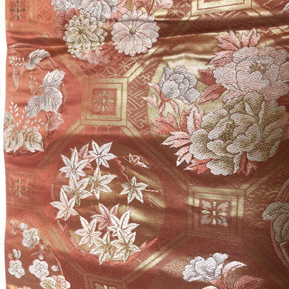 Vintage fukuro obi - salmon pink and golden with flowers of all seasons