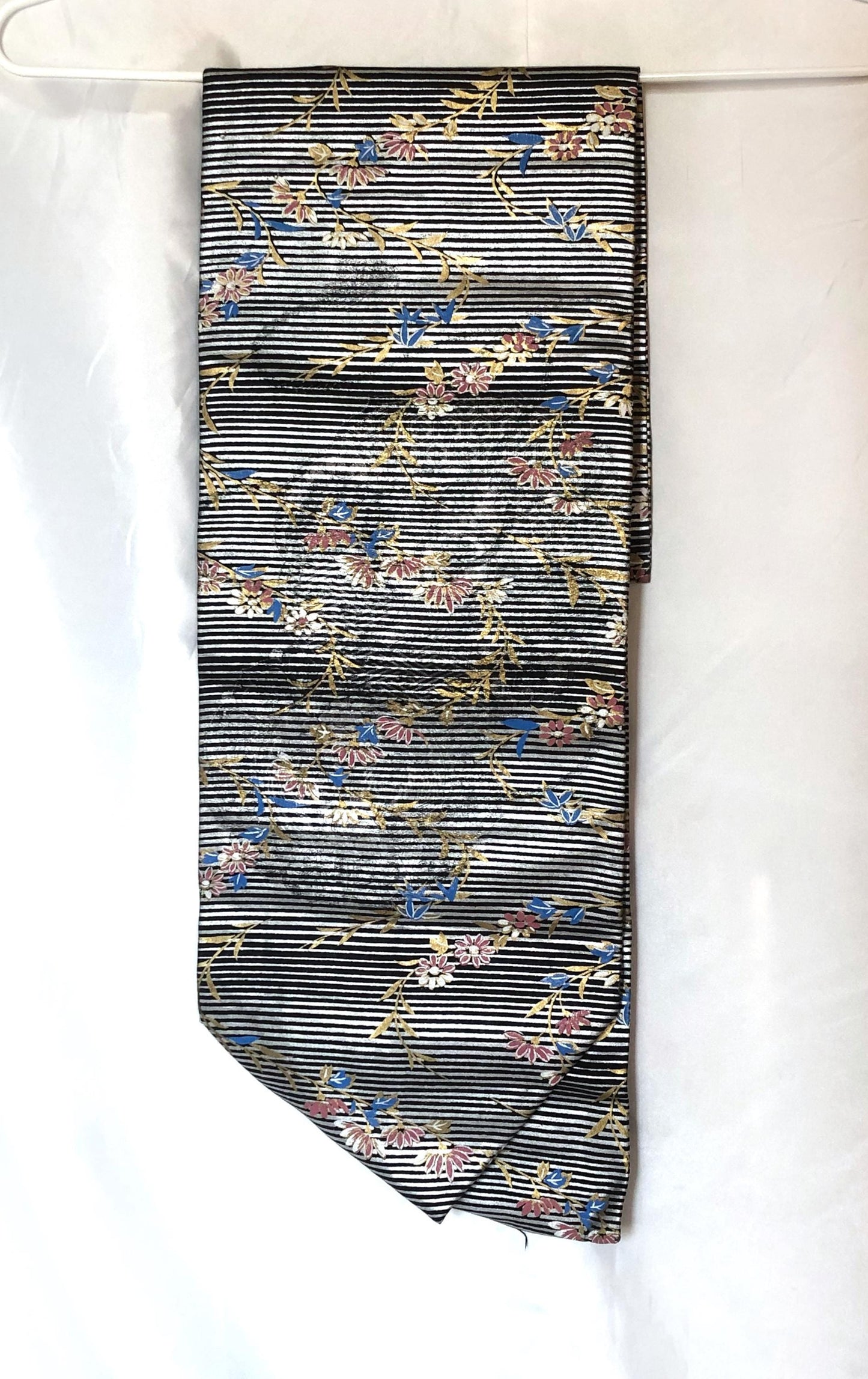 Funky Nagoya obi - black with silver stripes and pink and blue flowers