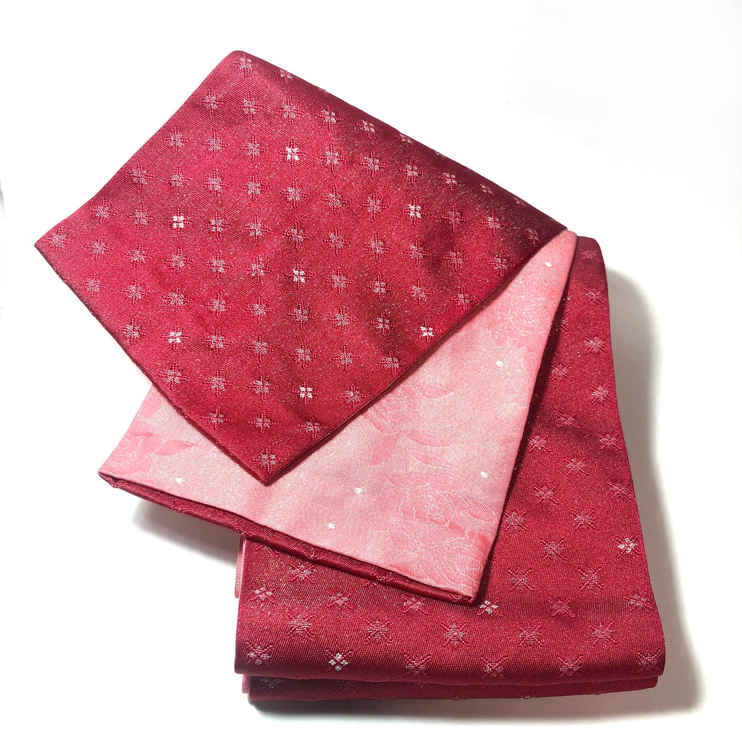 Reversible Japanese hanhaba obi - glittery light pink roses and dark pink crosses