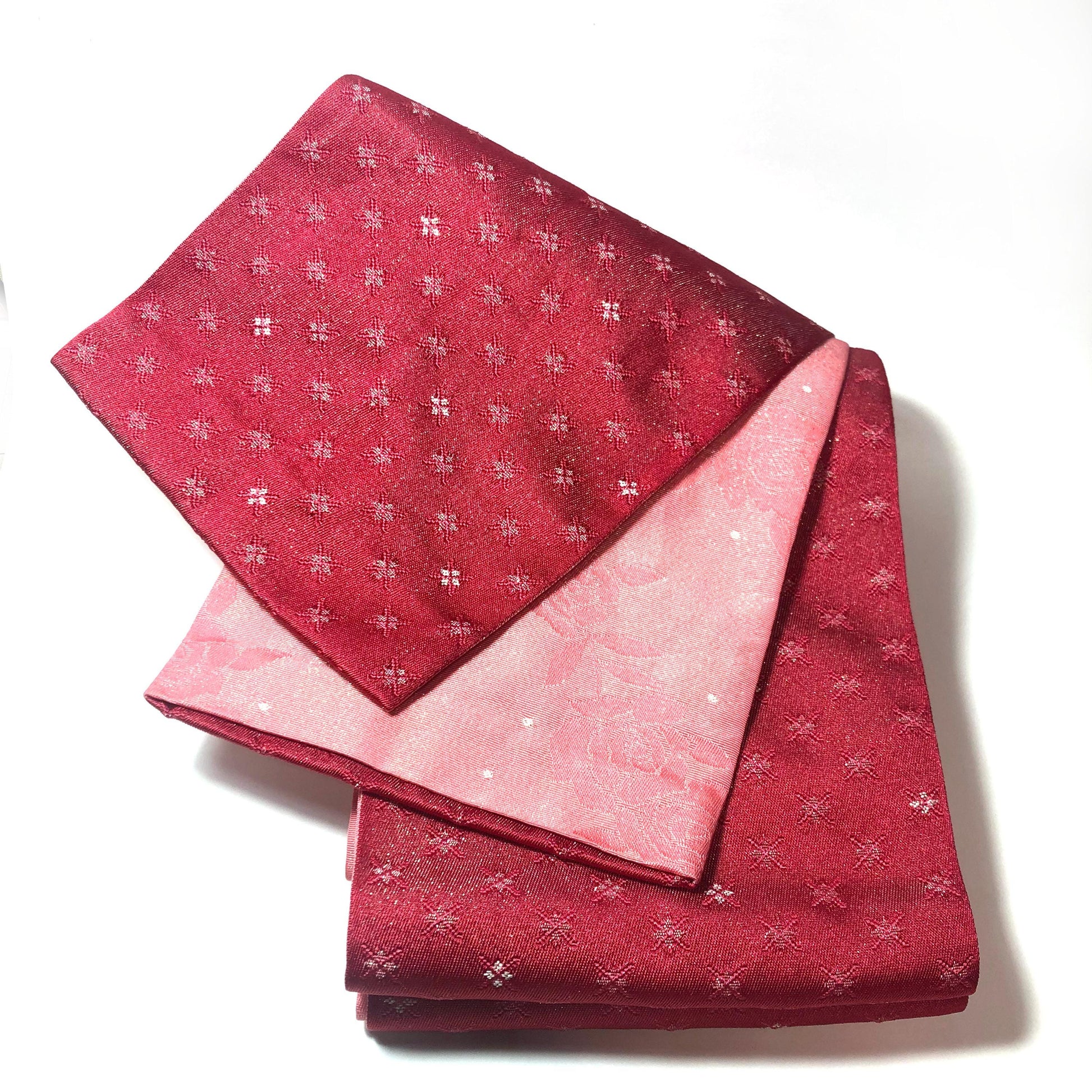 Reversible Japanese hanhaba obi - glittery light pink roses and dark pink crosses