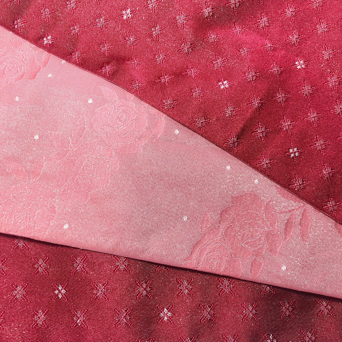 Reversible Japanese hanhaba obi - glittery light pink roses and dark pink crosses