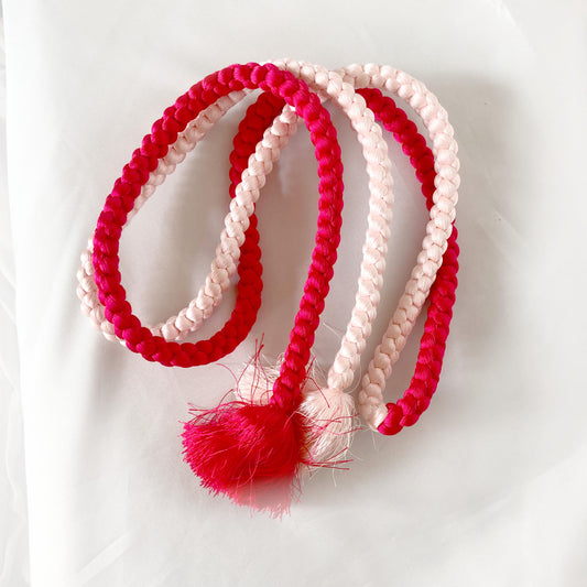 Festive silk obijime - thin belt with tassels - highlighter and pastel pink