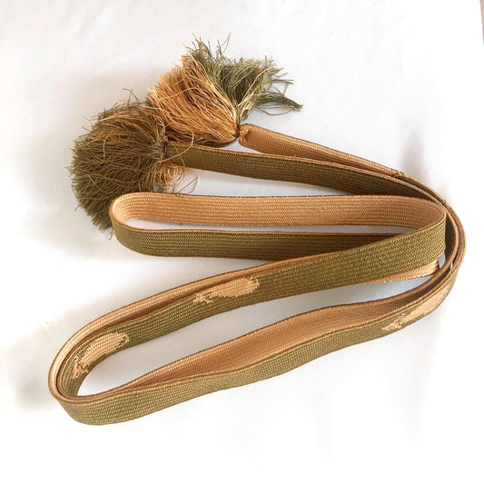 Elegant silk obijime - thin belt with tassels - khaki green and salmon pink with images of eggplants