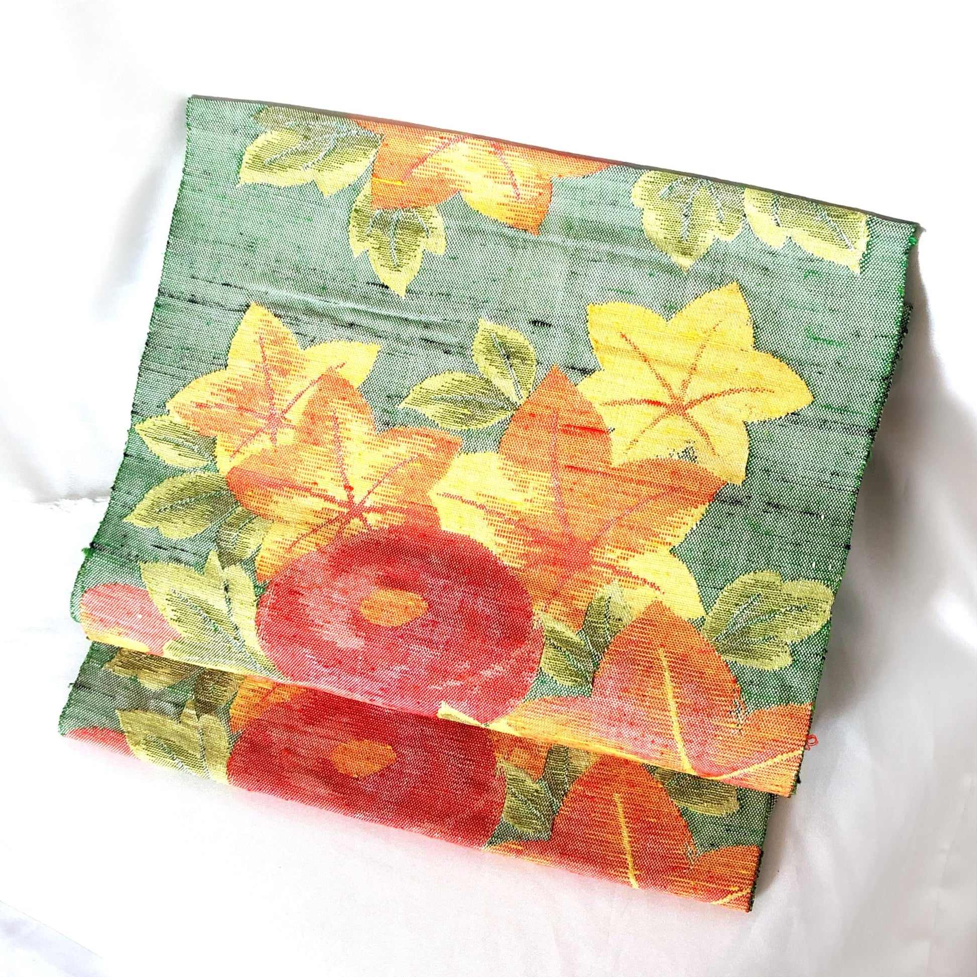 Refined Nagoya obi - textured red dahlias and clone leaves