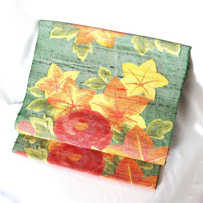 Refined Nagoya obi - textured red dahlias and clone leaves