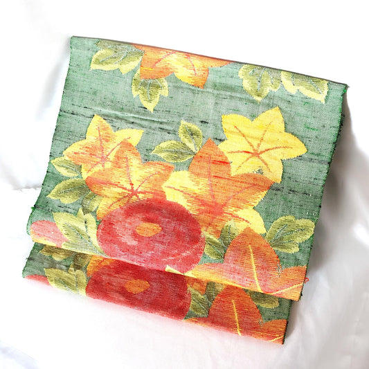 Refined Nagoya obi - textured red dahlias and clone leaves