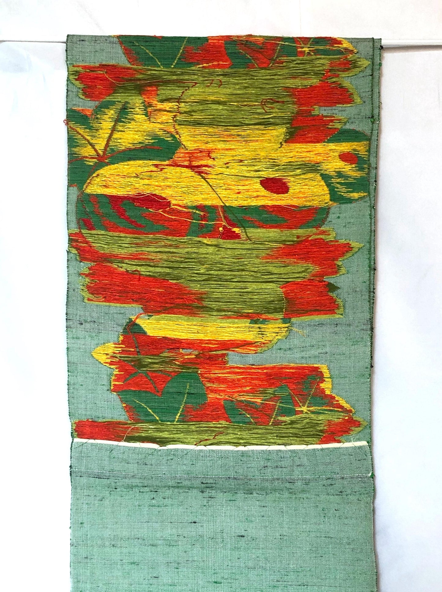 Refined Nagoya obi - textured red dahlias and clone leaves