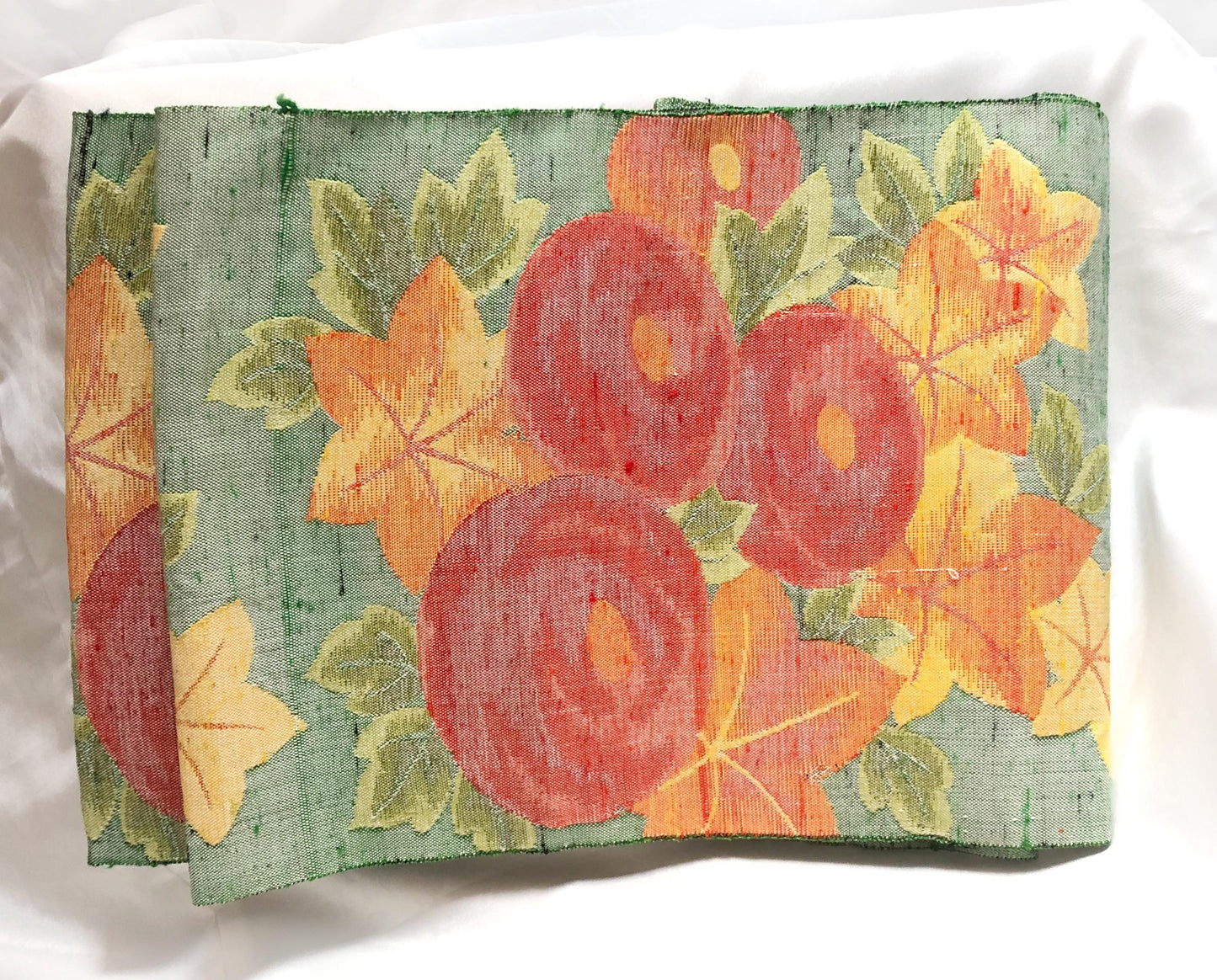 Refined Nagoya obi - textured red dahlias and clone leaves