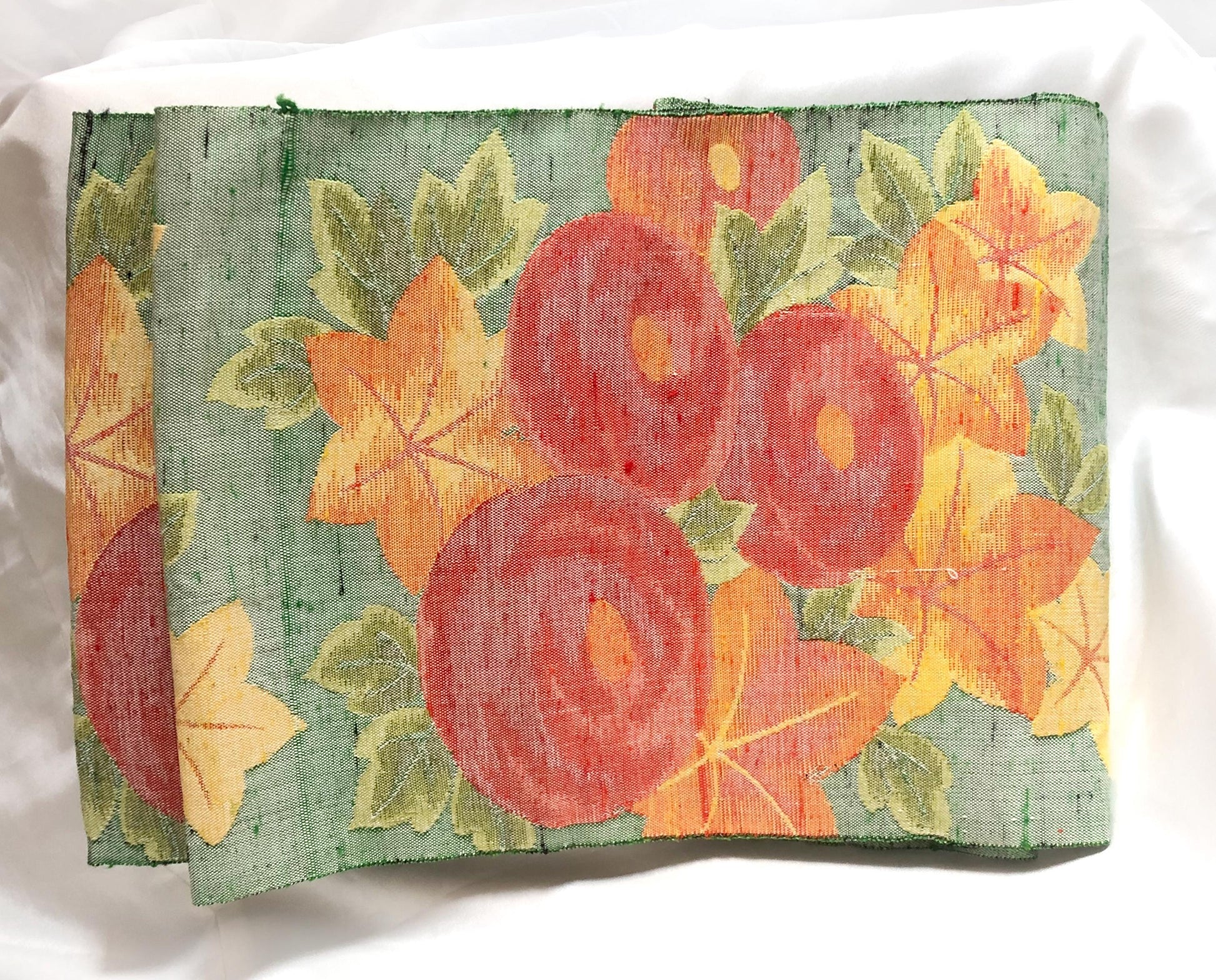 Refined Nagoya obi - textured red dahlias and clone leaves