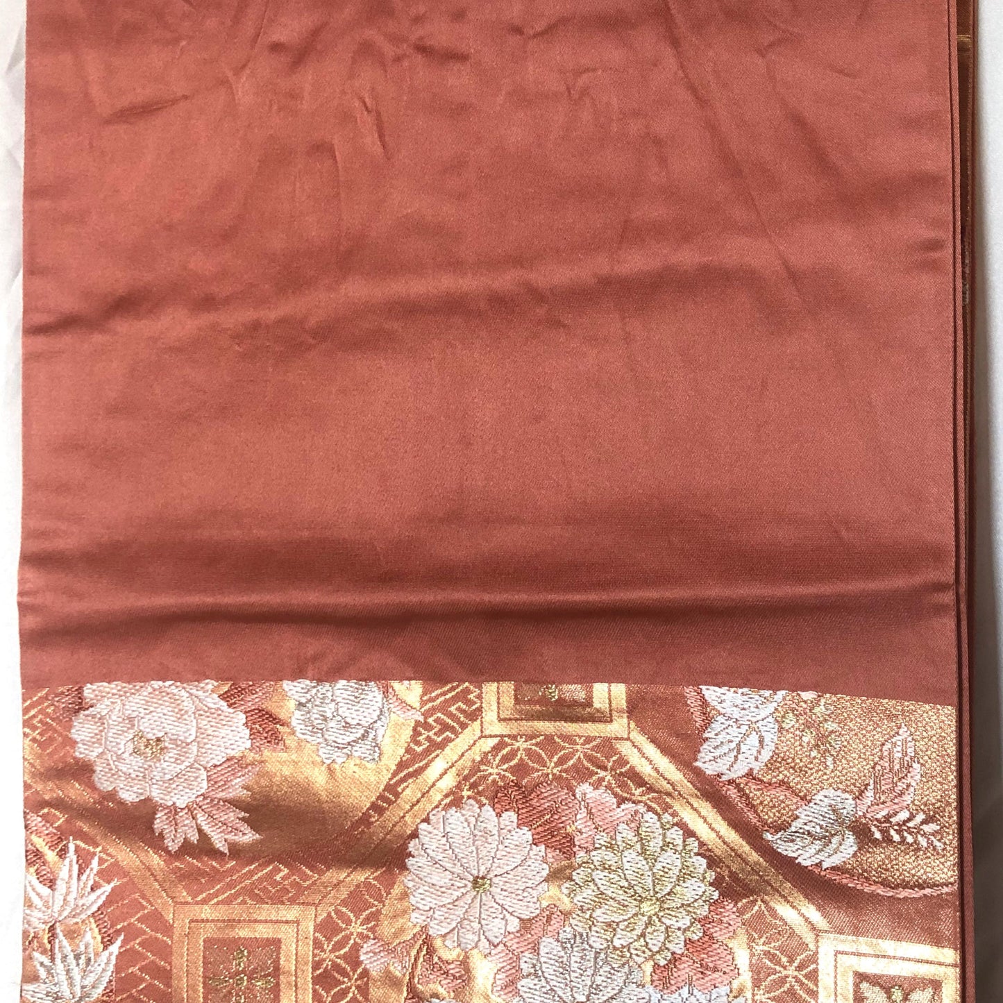 Vintage fukuro obi - salmon pink and golden with flowers of all seasons