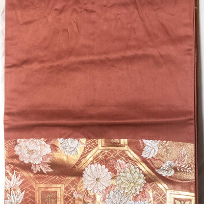 Vintage fukuro obi - salmon pink and golden with flowers of all seasons