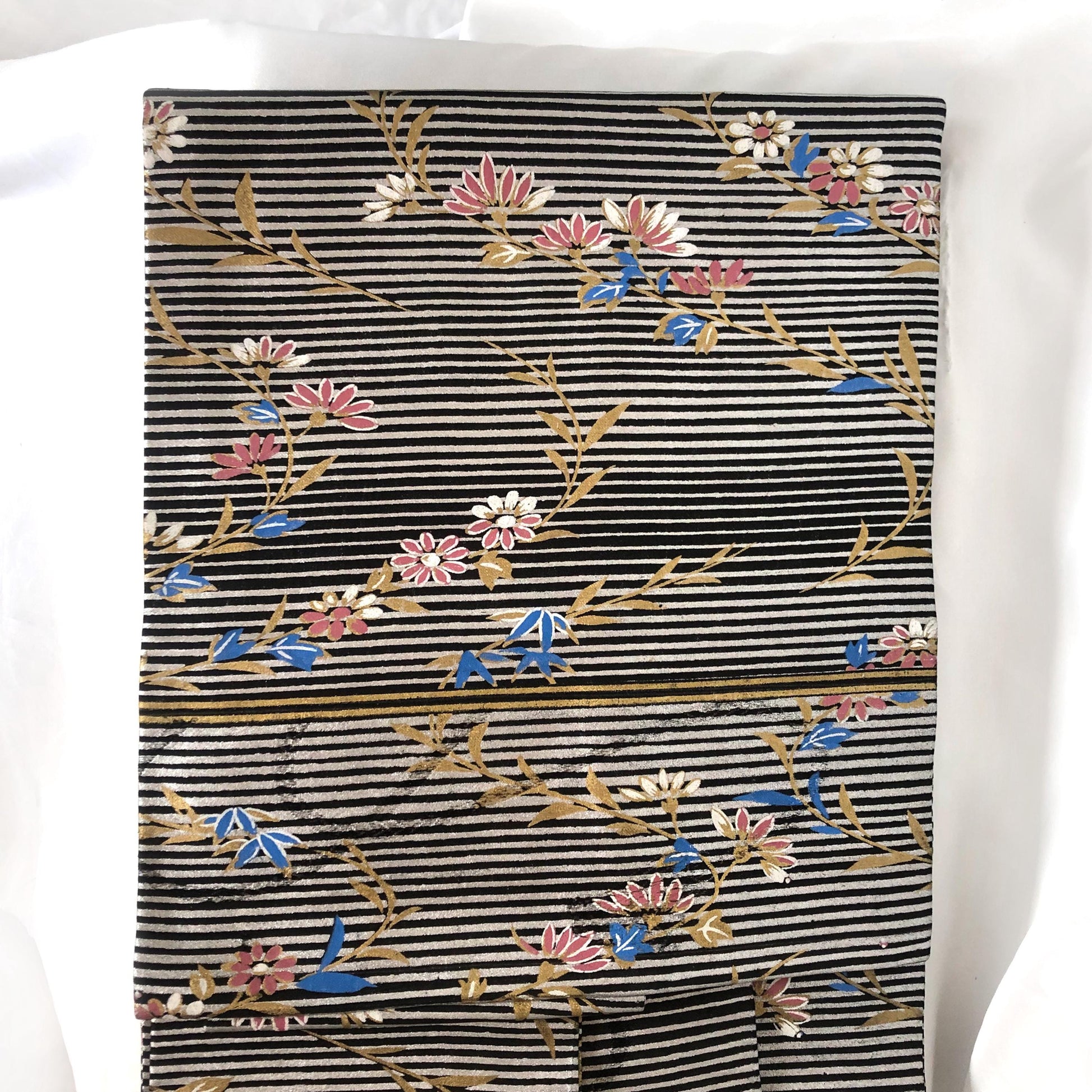 Funky Nagoya obi - black with silver stripes and pink and blue flowers