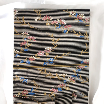 Funky Nagoya obi - black with silver stripes and pink and blue flowers