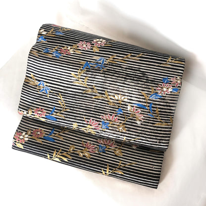 Funky Nagoya obi - black with silver stripes and pink and blue flowers