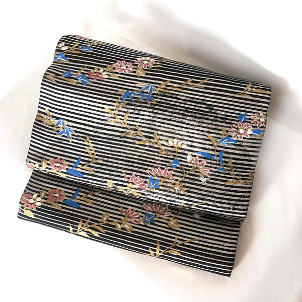 Funky Nagoya obi - black with silver stripes and pink and blue flowers