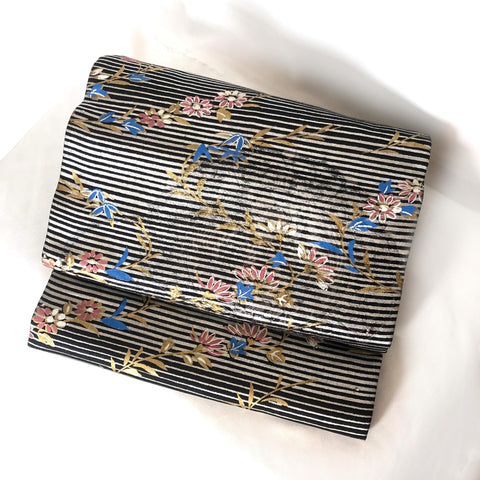 Funky Nagoya obi - black with silver stripes and pink and blue flowers