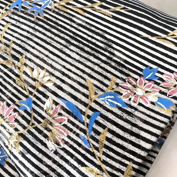 Funky Nagoya obi - black with silver stripes and pink and blue flowers