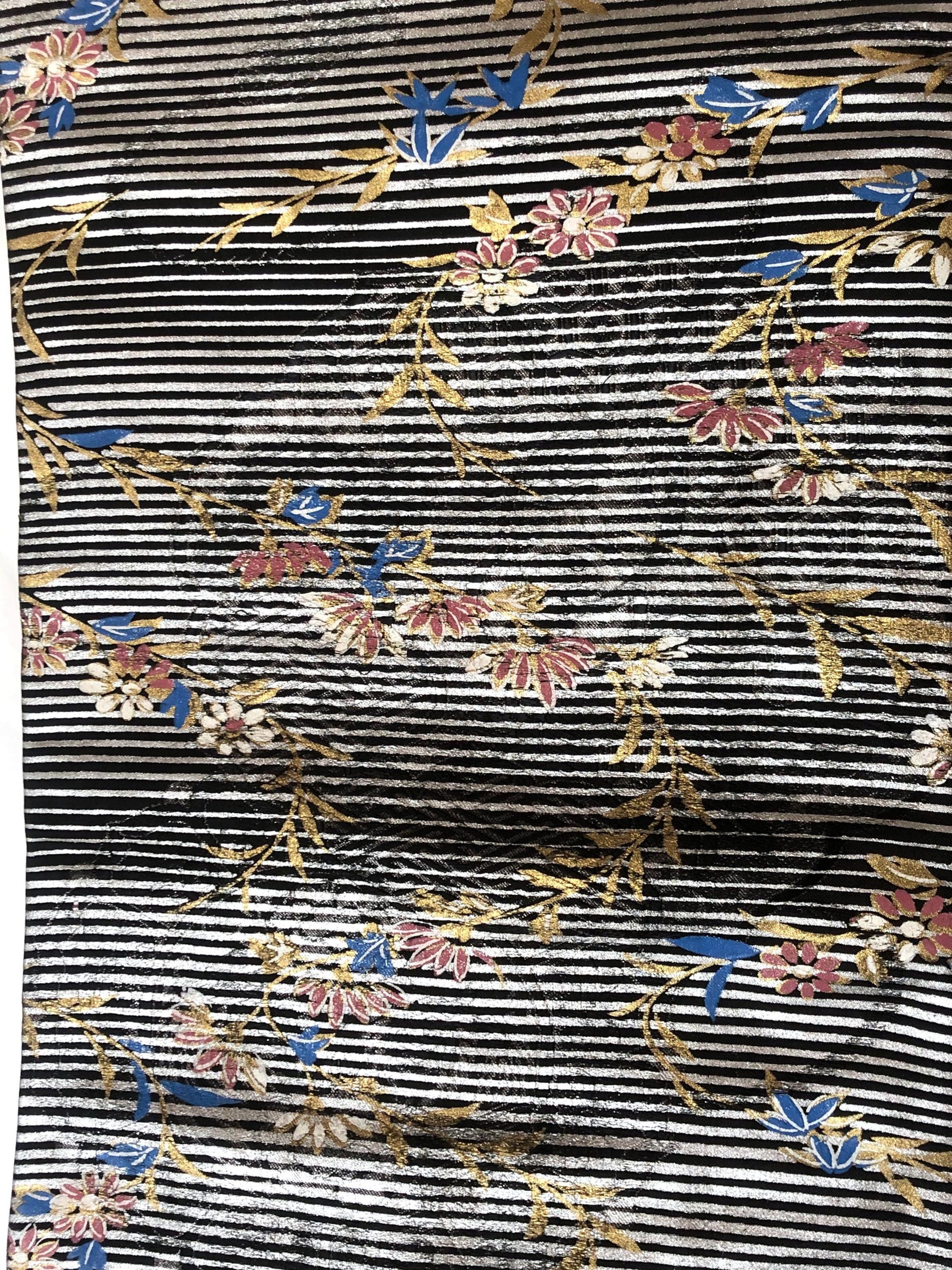 Funky Nagoya obi - black with silver stripes and pink and blue flowers