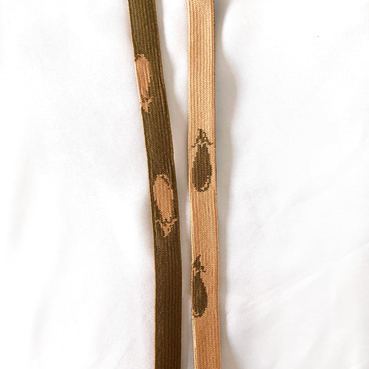 Elegant silk obijime - thin belt with tassels - khaki green and salmon pink with images of eggplants