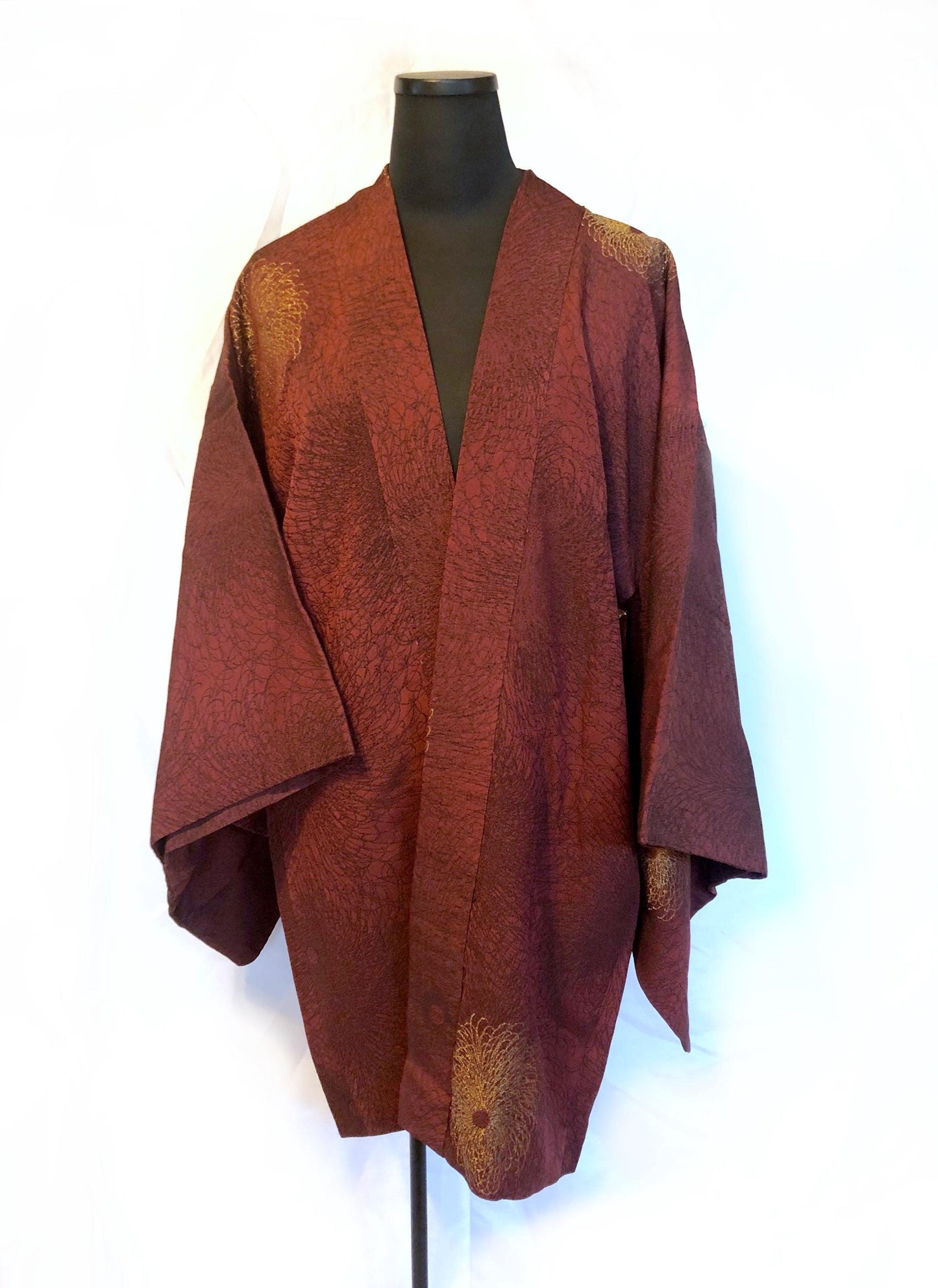 Vintage Japanese kimono coat - dark brick red with golden chrysanthemum flowers