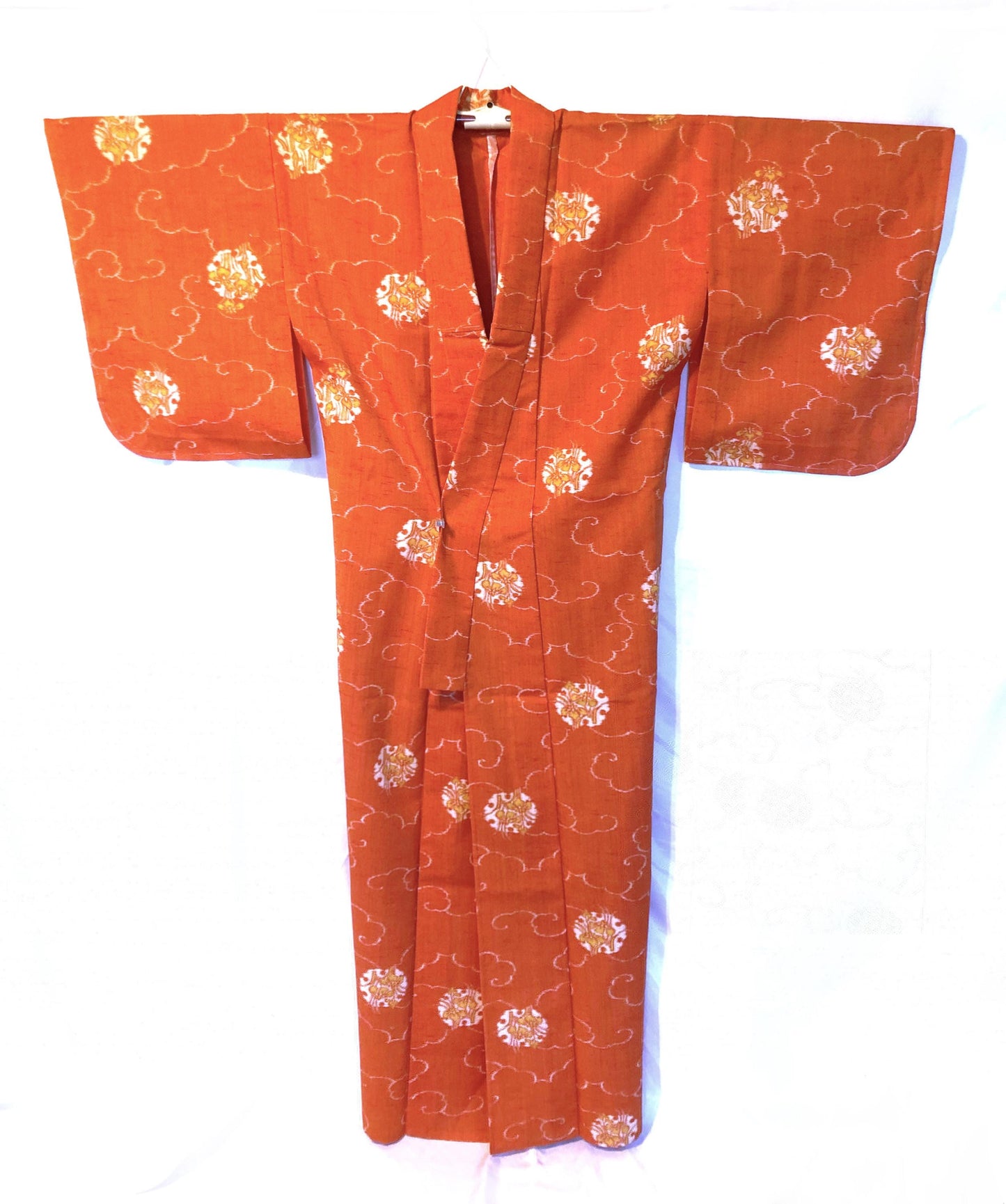 Vivid light wool kimono - carrot orange with white and yellow iris flowers