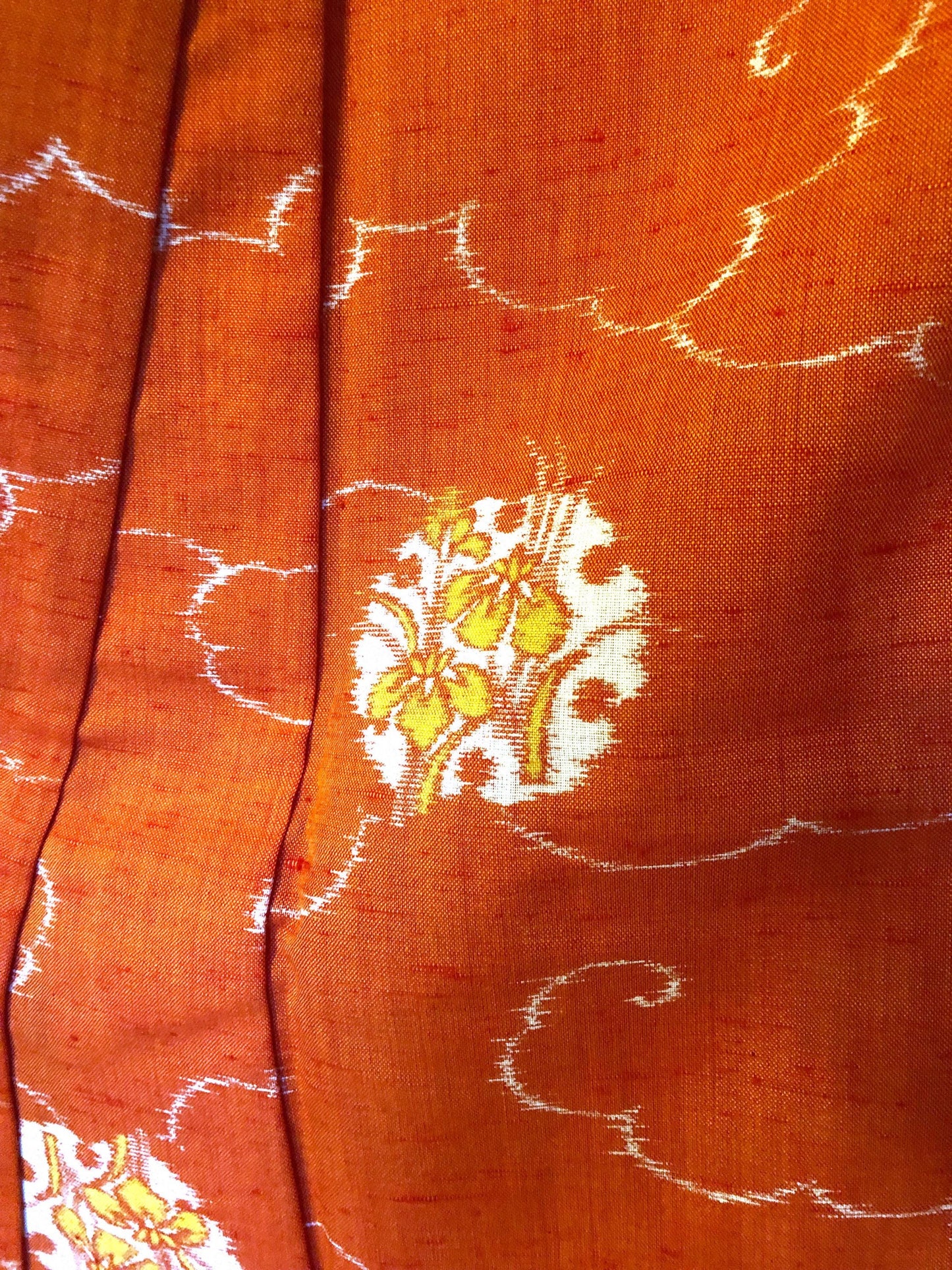 Vivid light wool kimono - carrot orange with white and yellow iris flowers