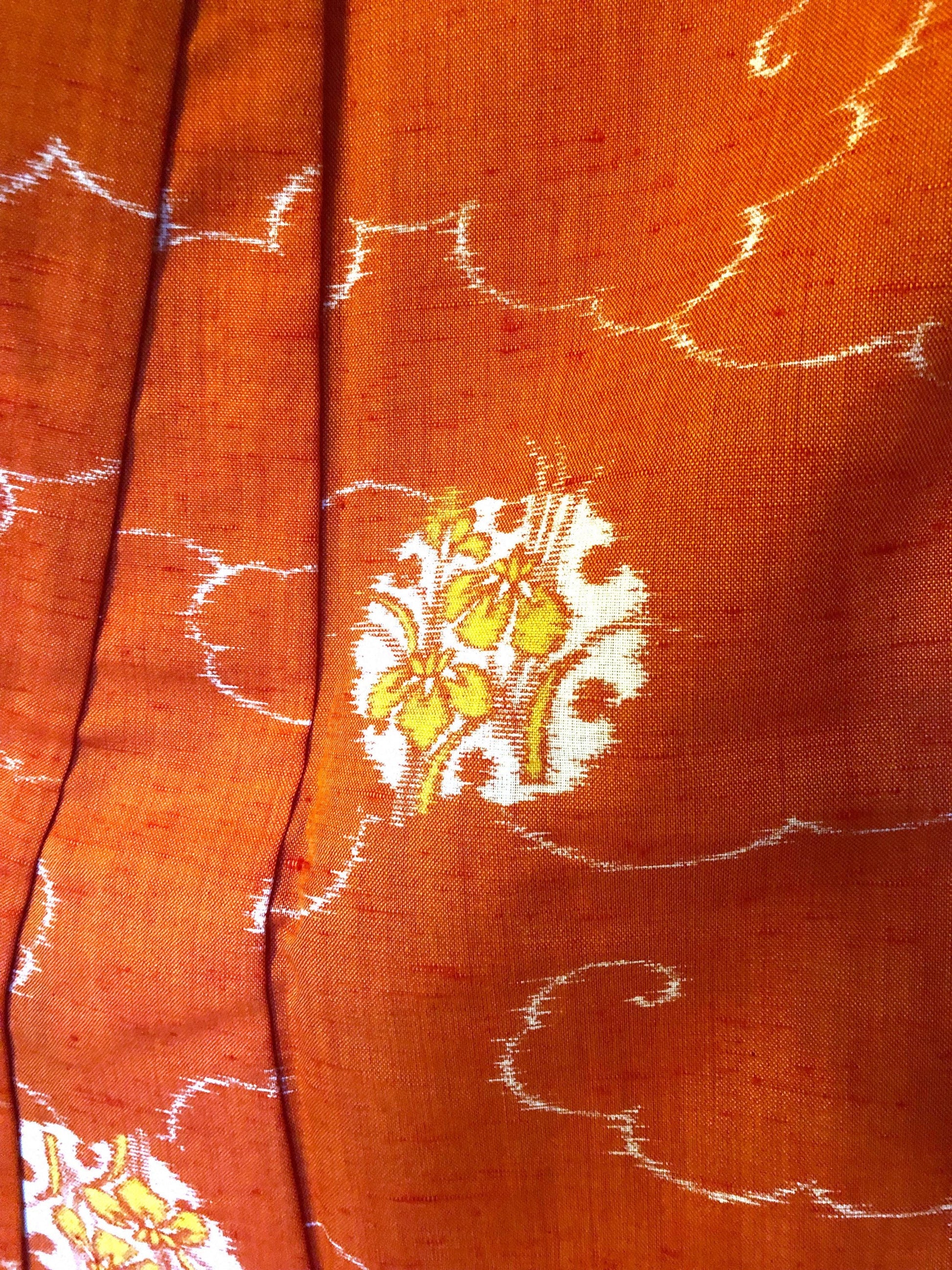 Vivid light wool kimono - carrot orange with white and yellow iris flowers