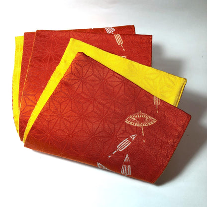 Reversible Japanese hanhaba obi - yellow and red with tiny umbrellas pattern