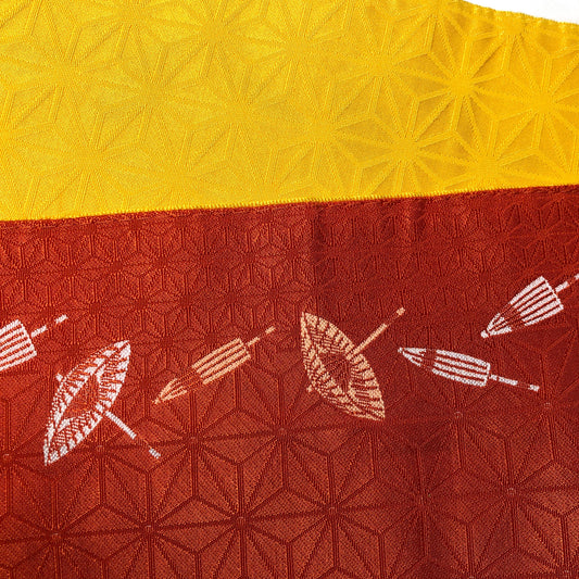 Reversible Japanese hanhaba obi - yellow and red with tiny umbrellas pattern