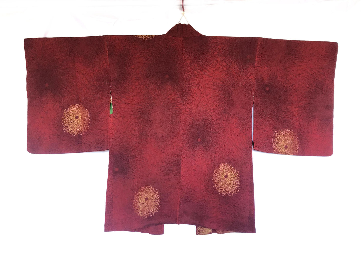 Vintage Japanese kimono coat - dark brick red with golden chrysanthemum flowers