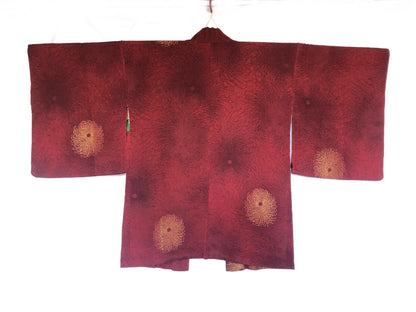 Vintage Japanese kimono coat - dark brick red with golden chrysanthemum flowers