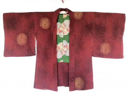 Vintage Japanese kimono coat - dark brick red with golden chrysanthemum flowers