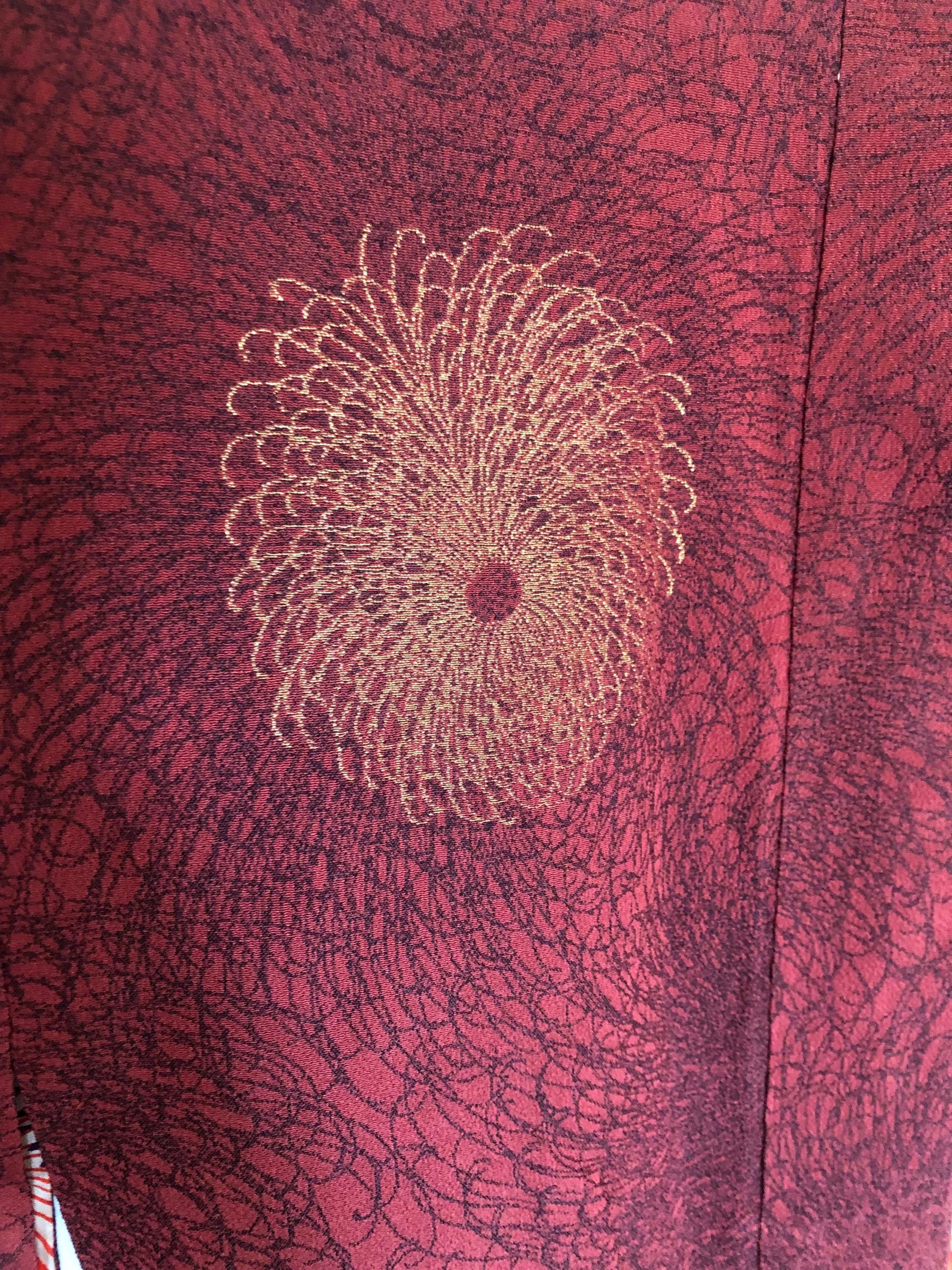 Vintage Japanese kimono coat - dark brick red with golden chrysanthemum flowers