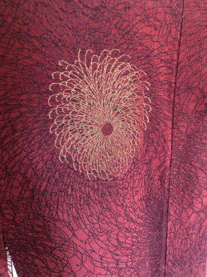 Vintage Japanese kimono coat - dark brick red with golden chrysanthemum flowers