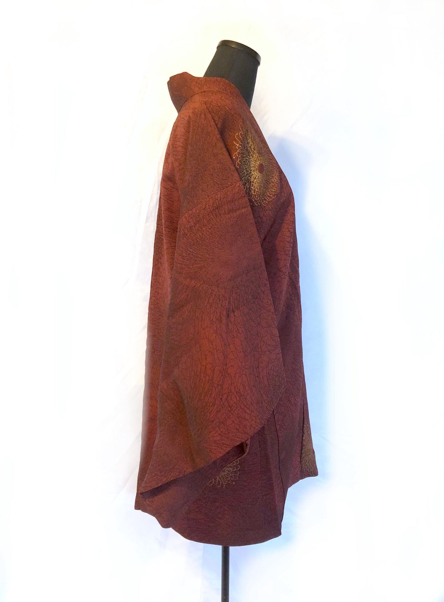 Vintage Japanese kimono coat - dark brick red with golden chrysanthemum flowers