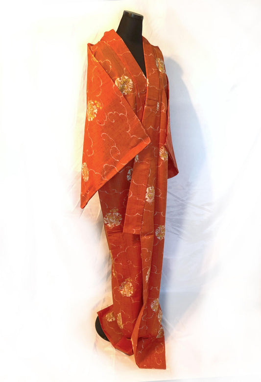 Vivid light wool kimono - carrot orange with white and yellow iris flowers