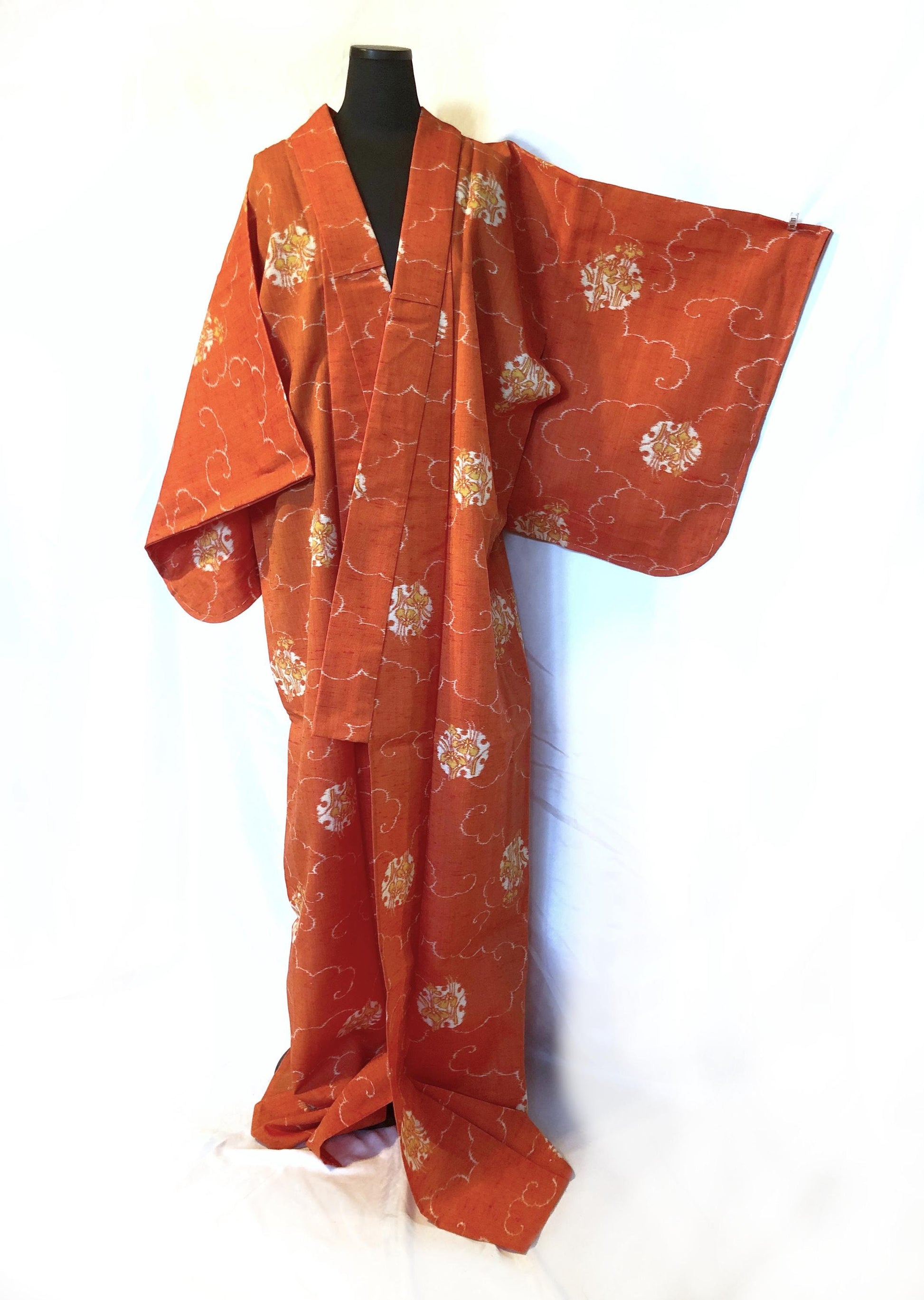 Vivid light wool kimono - carrot orange with white and yellow iris flowers