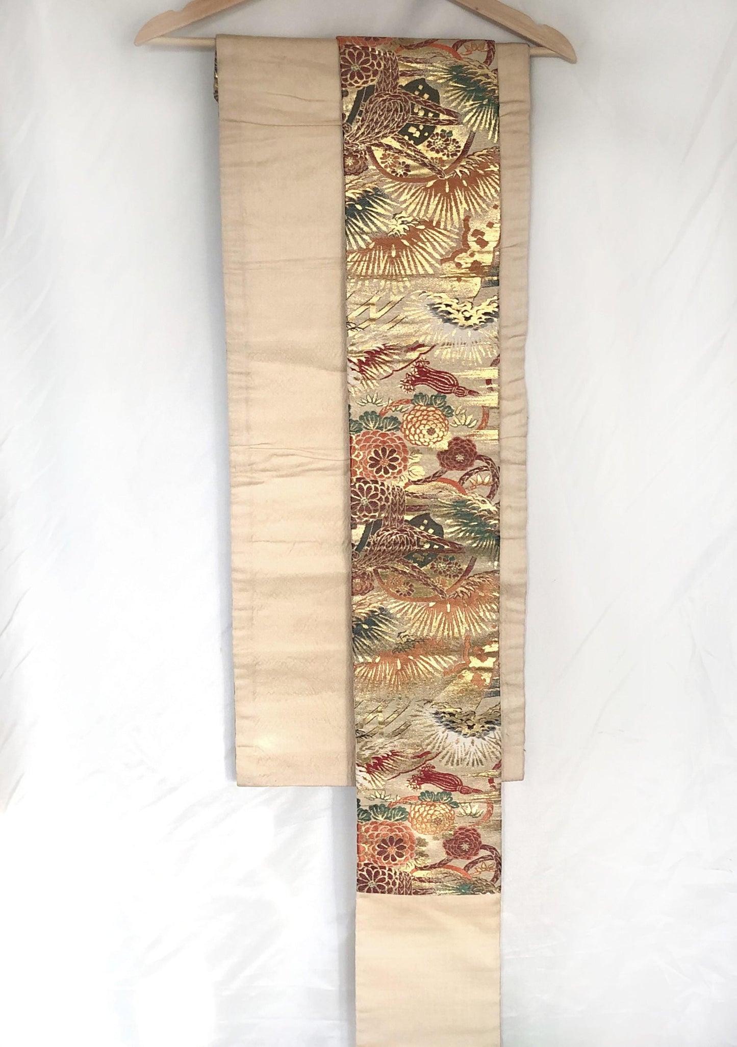 Heavy jacquard vintage Nagoya obi - festive golden cranes and various flowers
